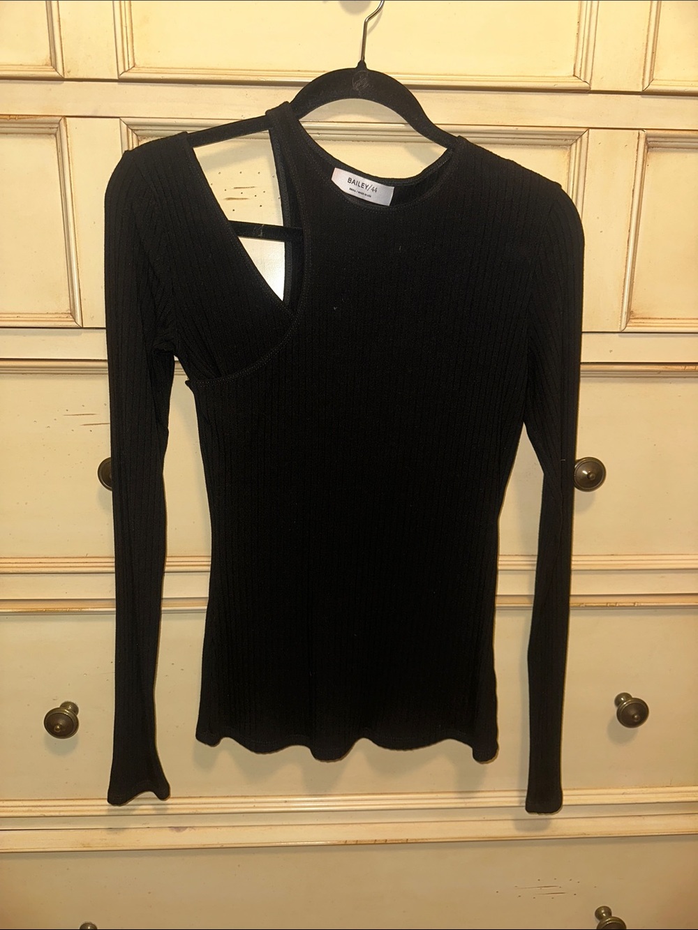 Bailey 44 Black Ribbed Asymmetric Cutout Long Sleeve Top